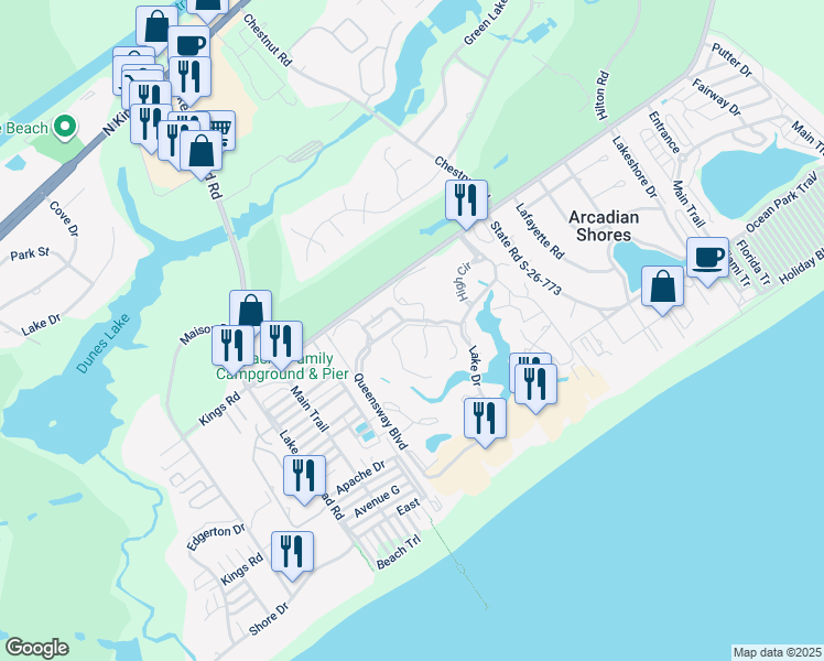 map of restaurants, bars, coffee shops, grocery stores, and more near 1C Kings Road in Myrtle Beach