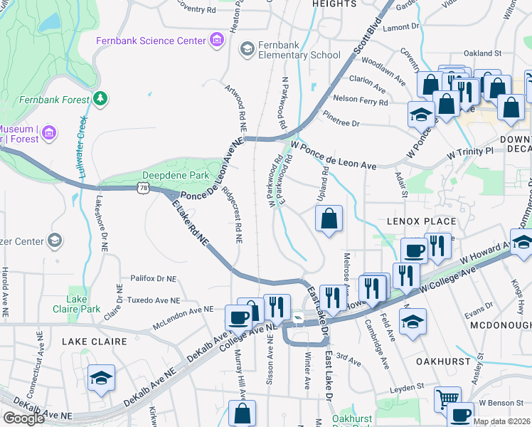 map of restaurants, bars, coffee shops, grocery stores, and more near 400 West Parkwood Road in Decatur