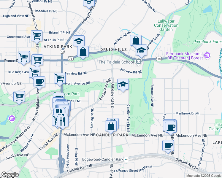map of restaurants, bars, coffee shops, grocery stores, and more near 588 Oakdale Road Northeast in Atlanta