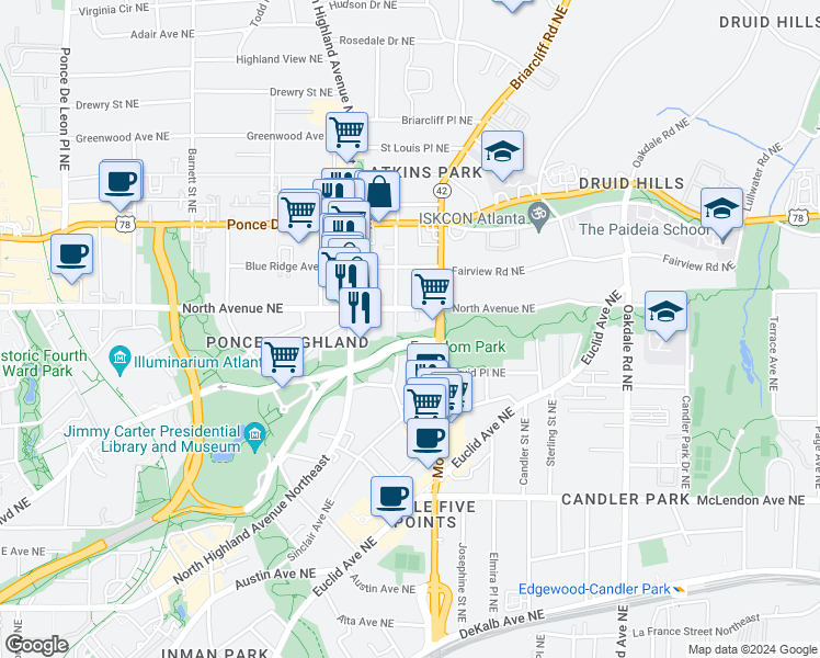 map of restaurants, bars, coffee shops, grocery stores, and more near 608 Moreland Avenue Northeast in Atlanta