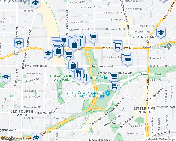 map of restaurants, bars, coffee shops, grocery stores, and more near 829 North Avenue Northeast in Atlanta