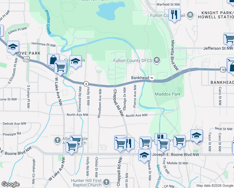 map of restaurants, bars, coffee shops, grocery stores, and more near in Atlanta