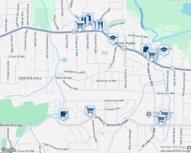 map of restaurants, bars, coffee shops, grocery stores, and more near 1971 Baker Road Northwest in Atlanta