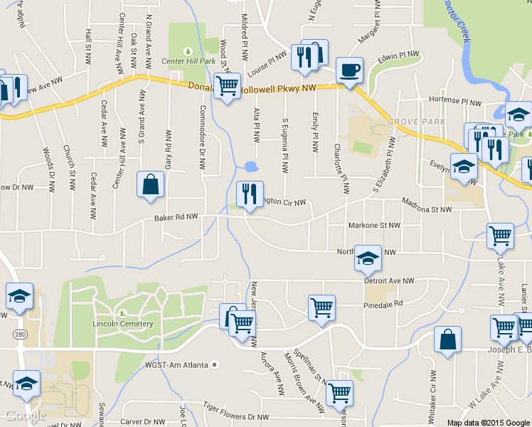 map of restaurants, bars, coffee shops, grocery stores, and more near 2067 Baker Road Northwest in Atlanta
