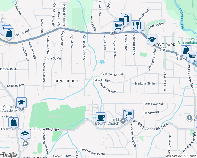 map of restaurants, bars, coffee shops, grocery stores, and more near 2084 Arlington Circle Northwest in Atlanta