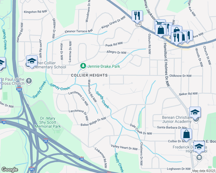 map of restaurants, bars, coffee shops, grocery stores, and more near 2916 Handy Drive Northwest in Atlanta