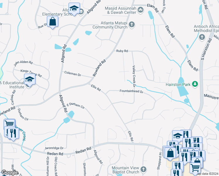 map of restaurants, bars, coffee shops, grocery stores, and more near 4556 Fountainhead Drive in Stone Mountain