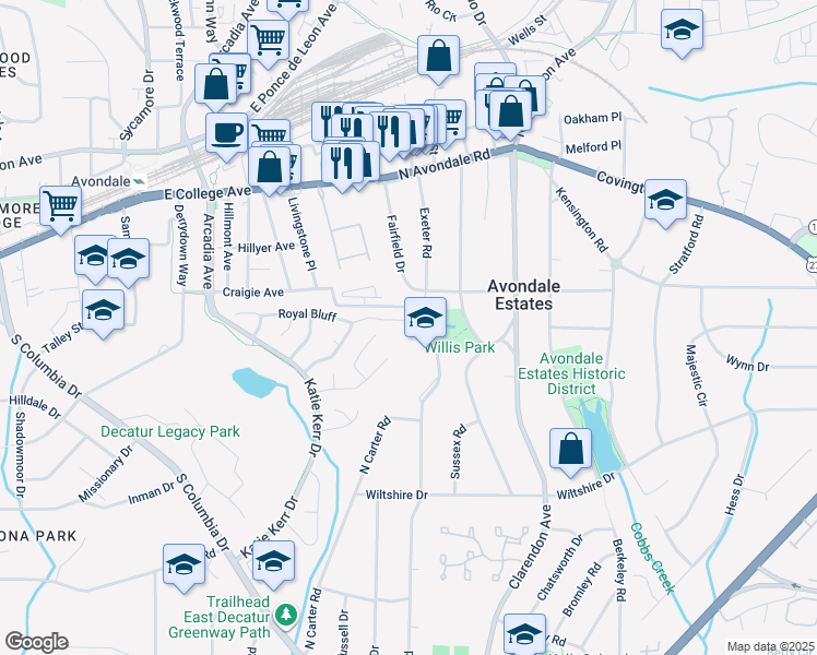 map of restaurants, bars, coffee shops, grocery stores, and more near 2887 Royal Bluff in Decatur