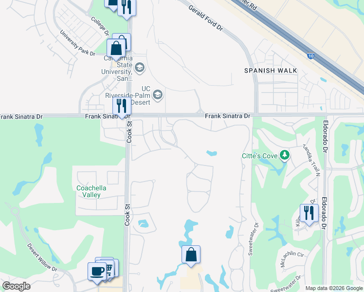 map of restaurants, bars, coffee shops, grocery stores, and more near 362 Muirfield Drive in Palm Desert