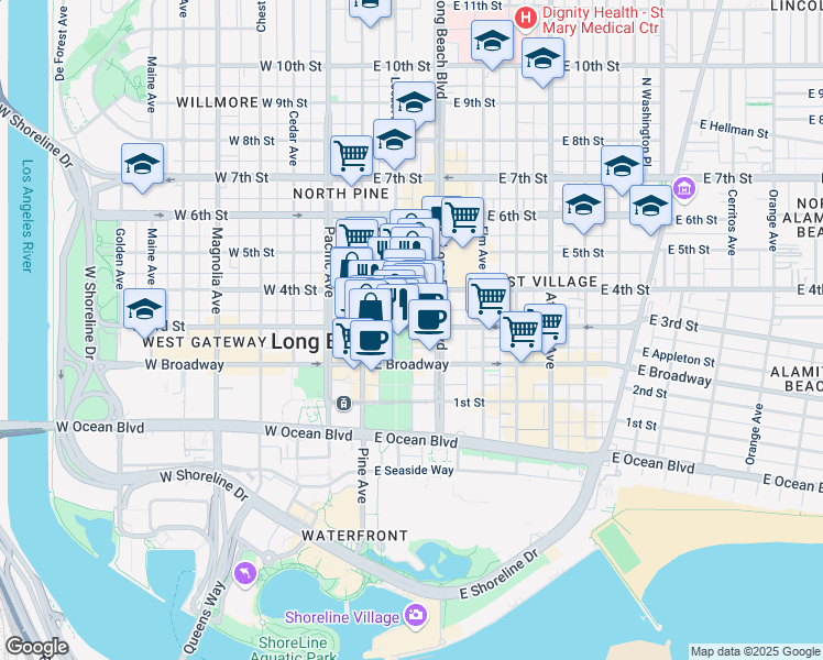 map of restaurants, bars, coffee shops, grocery stores, and more near 210 North Waite Court in Long Beach