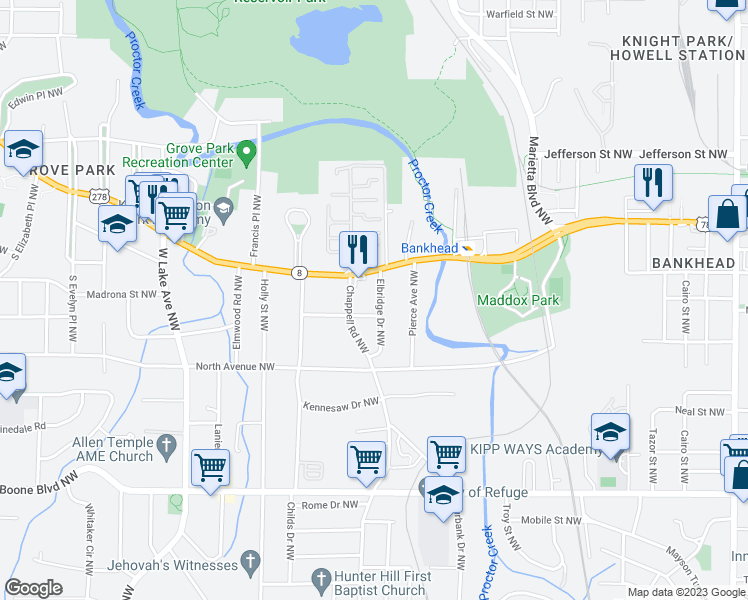 map of restaurants, bars, coffee shops, grocery stores, and more near 558 Elbridge Drive Northwest in Atlanta