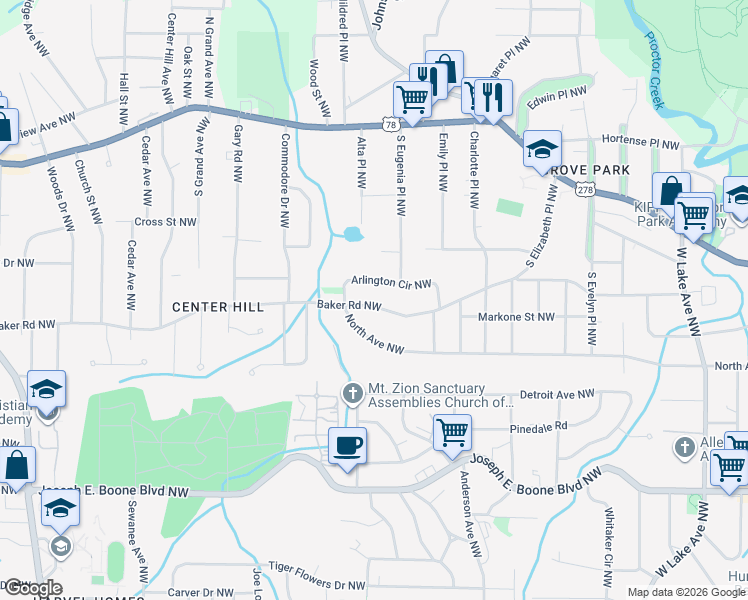 map of restaurants, bars, coffee shops, grocery stores, and more near 2067 Baker Road Northwest in Atlanta