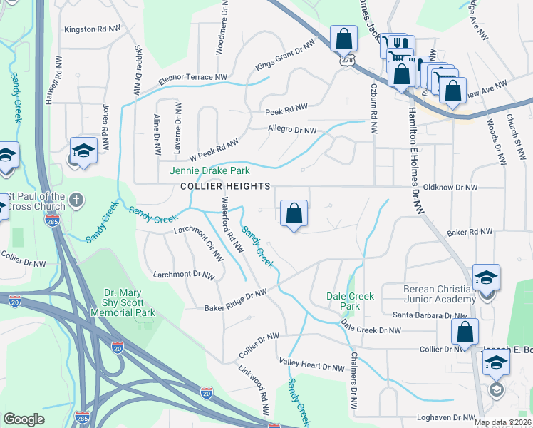 map of restaurants, bars, coffee shops, grocery stores, and more near 2935 Handy Drive Northwest in Atlanta
