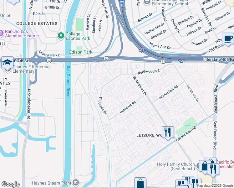 map of restaurants, bars, coffee shops, grocery stores, and more near 13260 Fairfield Lane in Seal Beach