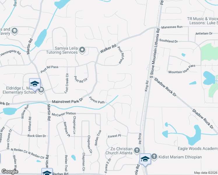 map of restaurants, bars, coffee shops, grocery stores, and more near 5475 Hedgeflower Court in Stone Mountain
