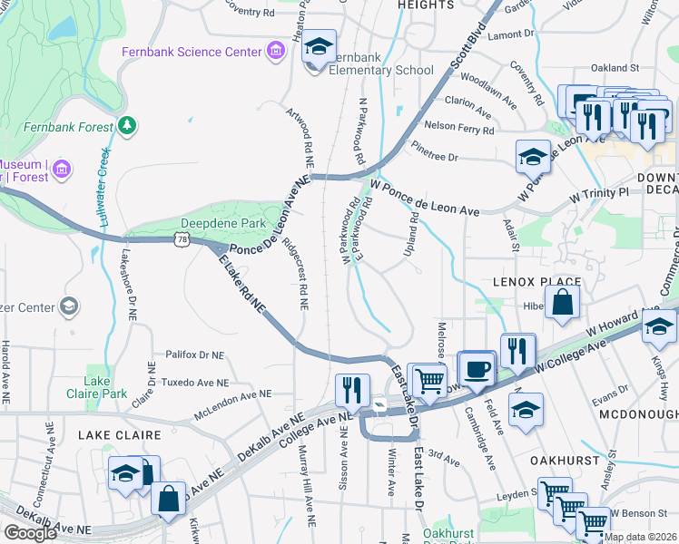 map of restaurants, bars, coffee shops, grocery stores, and more near 400 West Parkwood Road in Decatur