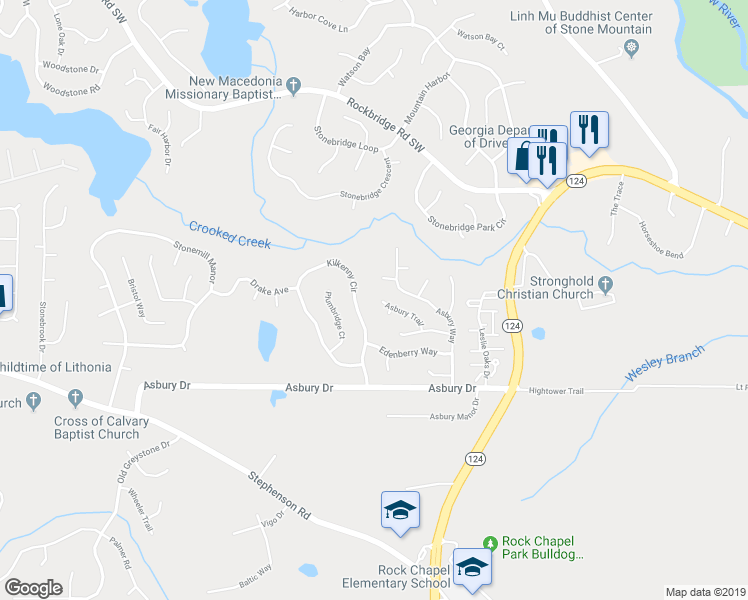 map of restaurants, bars, coffee shops, grocery stores, and more near 831 Asbury Trail in Lithonia