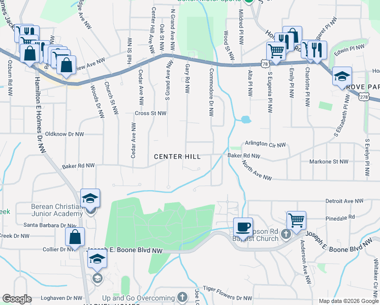 map of restaurants, bars, coffee shops, grocery stores, and more near 2218 Baker Terrace Northwest in Atlanta