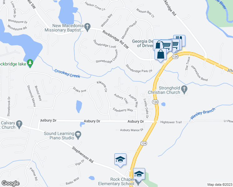 map of restaurants, bars, coffee shops, grocery stores, and more near 842 Asbury Trail in Lithonia