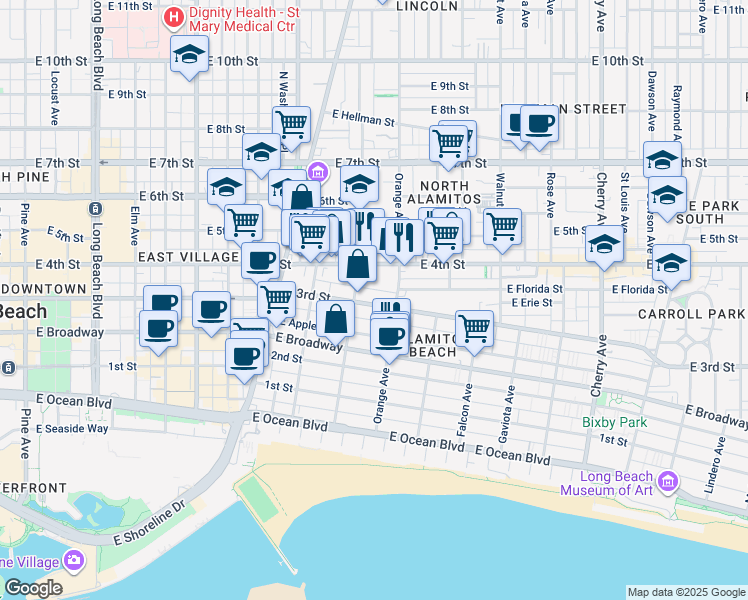 map of restaurants, bars, coffee shops, grocery stores, and more near 1135 East 3rd Street in Long Beach