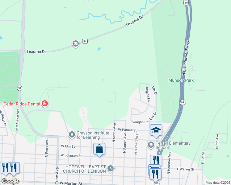 map of restaurants, bars, coffee shops, grocery stores, and more near 601 West Brewster Street in Denison