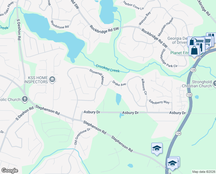 map of restaurants, bars, coffee shops, grocery stores, and more near 7299 Drake Avenue in Lithonia