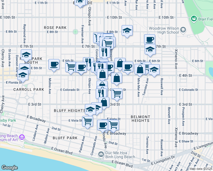 map of restaurants, bars, coffee shops, grocery stores, and more near in Long Beach