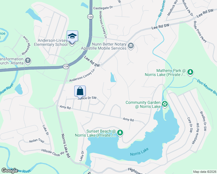 map of restaurants, bars, coffee shops, grocery stores, and more near 4500 Ford Place Southwest in Snellville