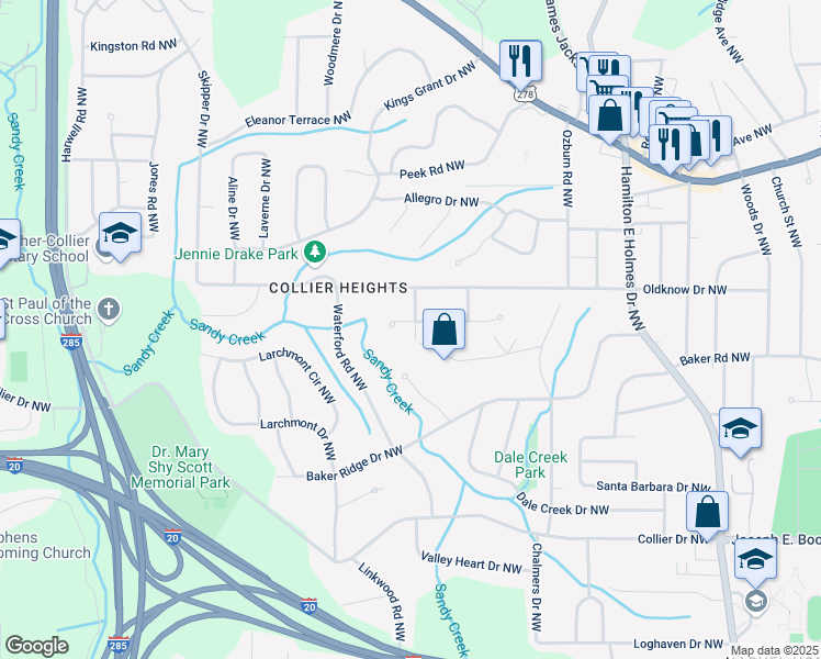 map of restaurants, bars, coffee shops, grocery stores, and more near 2916 Handy Drive Northwest in Atlanta