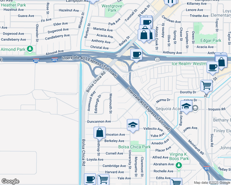 map of restaurants, bars, coffee shops, grocery stores, and more near 5222 Auburn Circle in Westminster