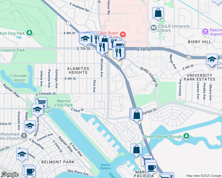 map of restaurants, bars, coffee shops, grocery stores, and more near 412 North Bellflower Boulevard in Long Beach