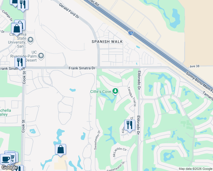 map of restaurants, bars, coffee shops, grocery stores, and more near 38111 Tandika Trail North in Palm Desert