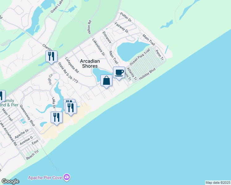 map of restaurants, bars, coffee shops, grocery stores, and more near 2-E Arcadian Drive in Myrtle Beach