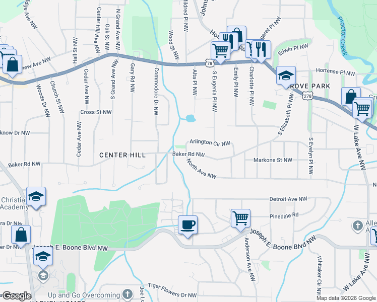 map of restaurants, bars, coffee shops, grocery stores, and more near 2084 Arlington Circle Northwest in Atlanta