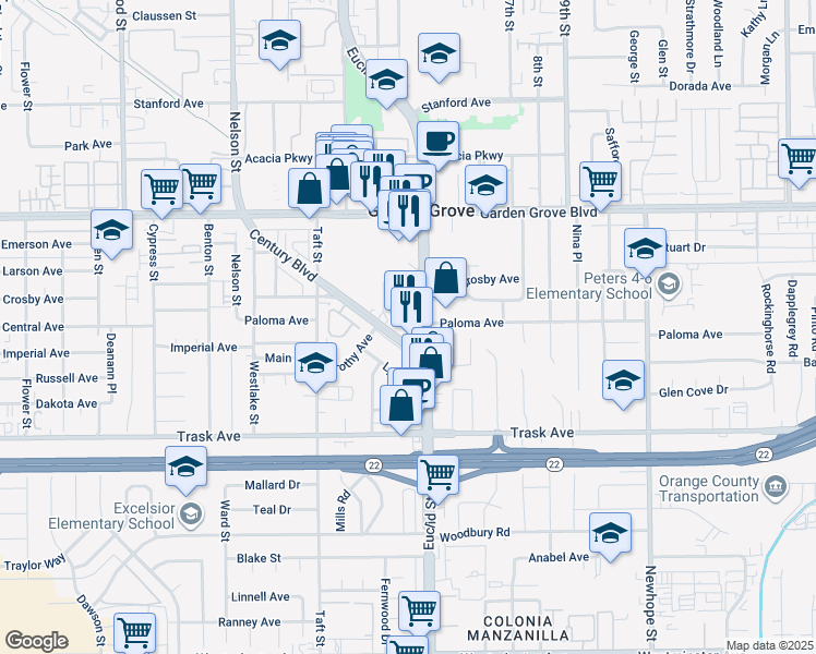 map of restaurants, bars, coffee shops, grocery stores, and more near 10911 Dorothy Avenue in Garden Grove