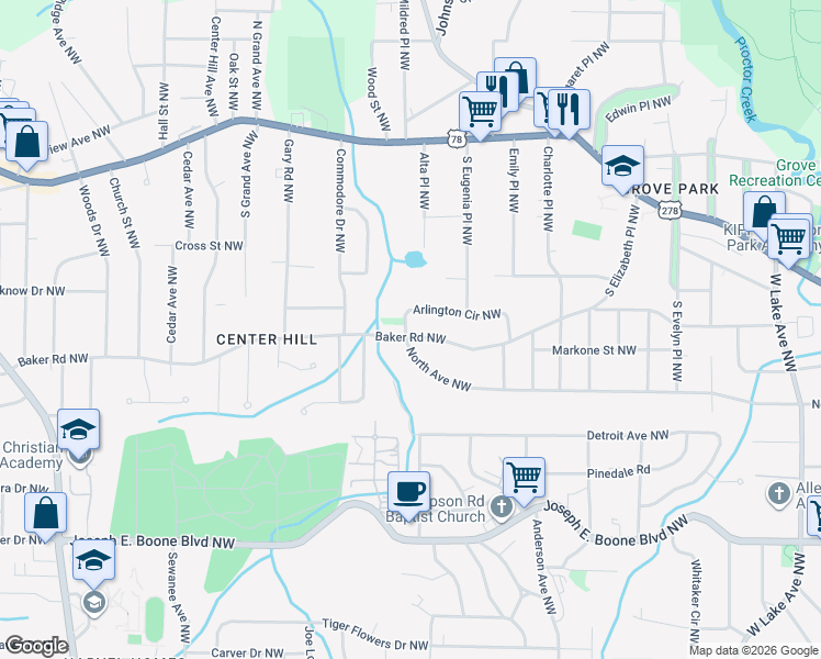 map of restaurants, bars, coffee shops, grocery stores, and more near 2084 Arlington Circle Northwest in Atlanta