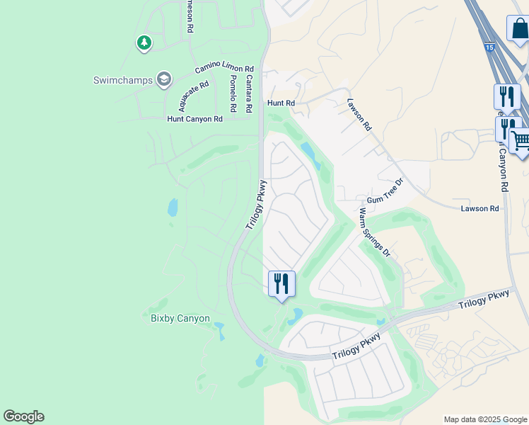 map of restaurants, bars, coffee shops, grocery stores, and more near 24033 Watercress Drive in Corona