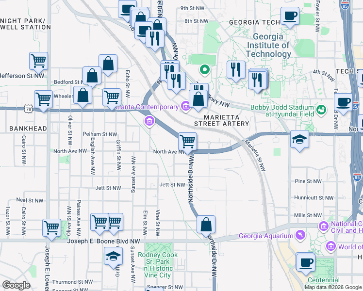 map of restaurants, bars, coffee shops, grocery stores, and more near 605 Northside Drive Northwest in Atlanta