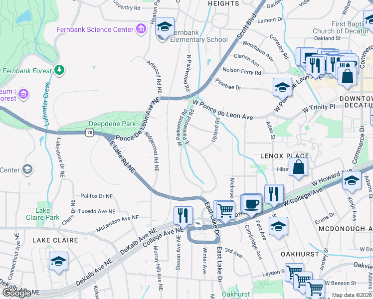 map of restaurants, bars, coffee shops, grocery stores, and more near 371 West Parkwood Road in Decatur