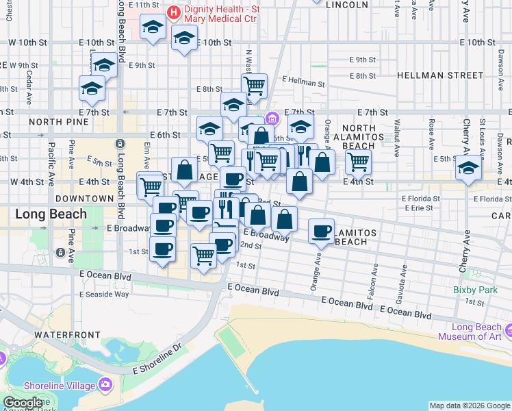 map of restaurants, bars, coffee shops, grocery stores, and more near 930 East 3rd Street in Long Beach