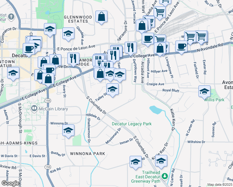 map of restaurants, bars, coffee shops, grocery stores, and more near 2635 Talley Street in Decatur