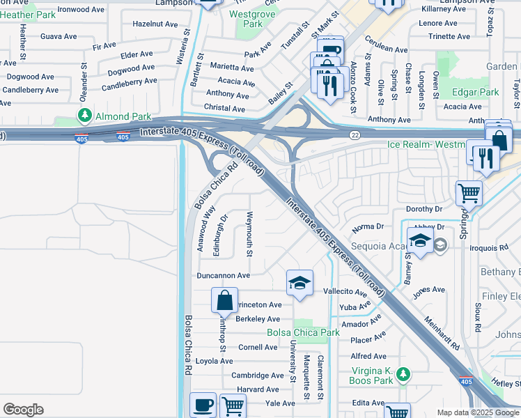 map of restaurants, bars, coffee shops, grocery stores, and more near 5222 Auburn Circle in Westminster