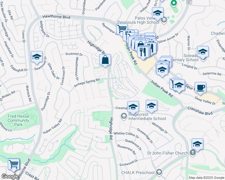 map of restaurants, bars, coffee shops, grocery stores, and more near 15 Sycamore Lane in Rolling Hills Estates