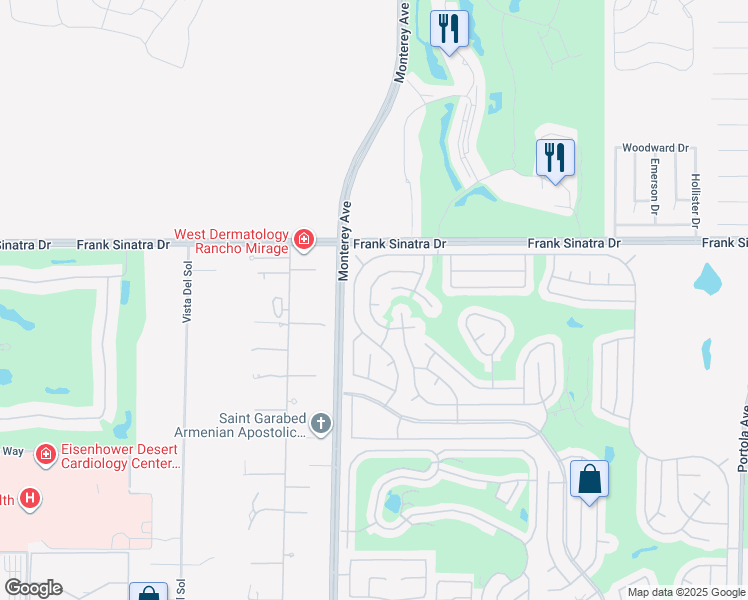 map of restaurants, bars, coffee shops, grocery stores, and more near 2 Palm Desert Drive North in Palm Desert