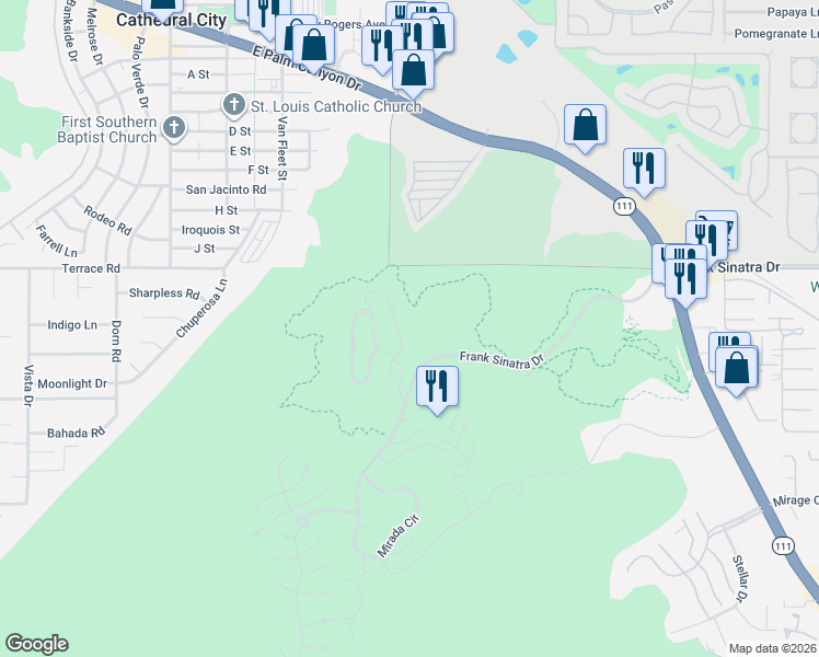 map of restaurants, bars, coffee shops, grocery stores, and more near 28 Santa Rosa Mountain Lane in Rancho Mirage