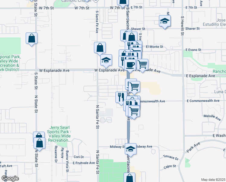 map of restaurants, bars, coffee shops, grocery stores, and more near 1600 South San Jacinto Avenue in San Jacinto