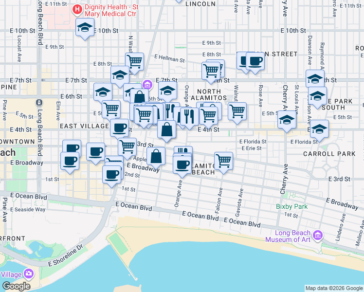 map of restaurants, bars, coffee shops, grocery stores, and more near 1187 East 3rd Street in Long Beach
