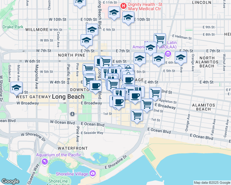 map of restaurants, bars, coffee shops, grocery stores, and more near 410 East 3rd Street in Long Beach