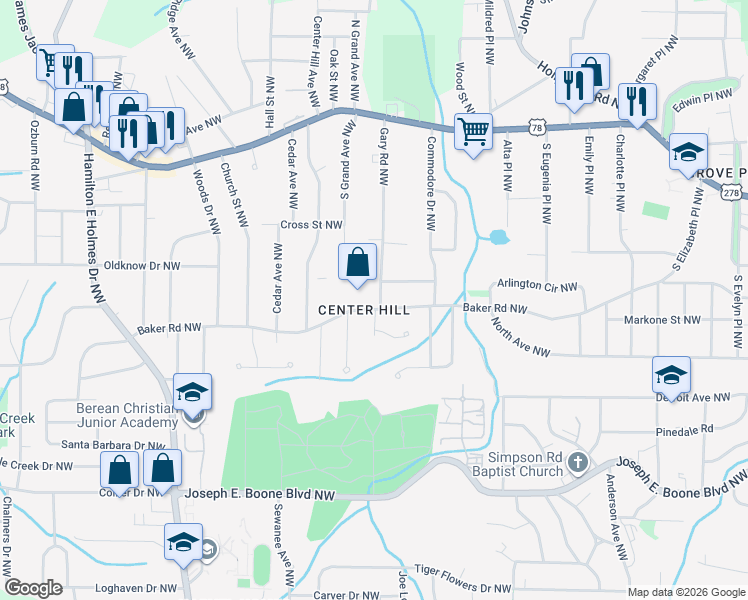 map of restaurants, bars, coffee shops, grocery stores, and more near 584 Gary Road Northwest in Atlanta