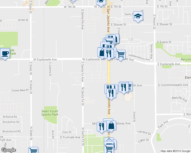 map of restaurants, bars, coffee shops, grocery stores, and more near 1600 South San Jacinto Avenue in San Jacinto